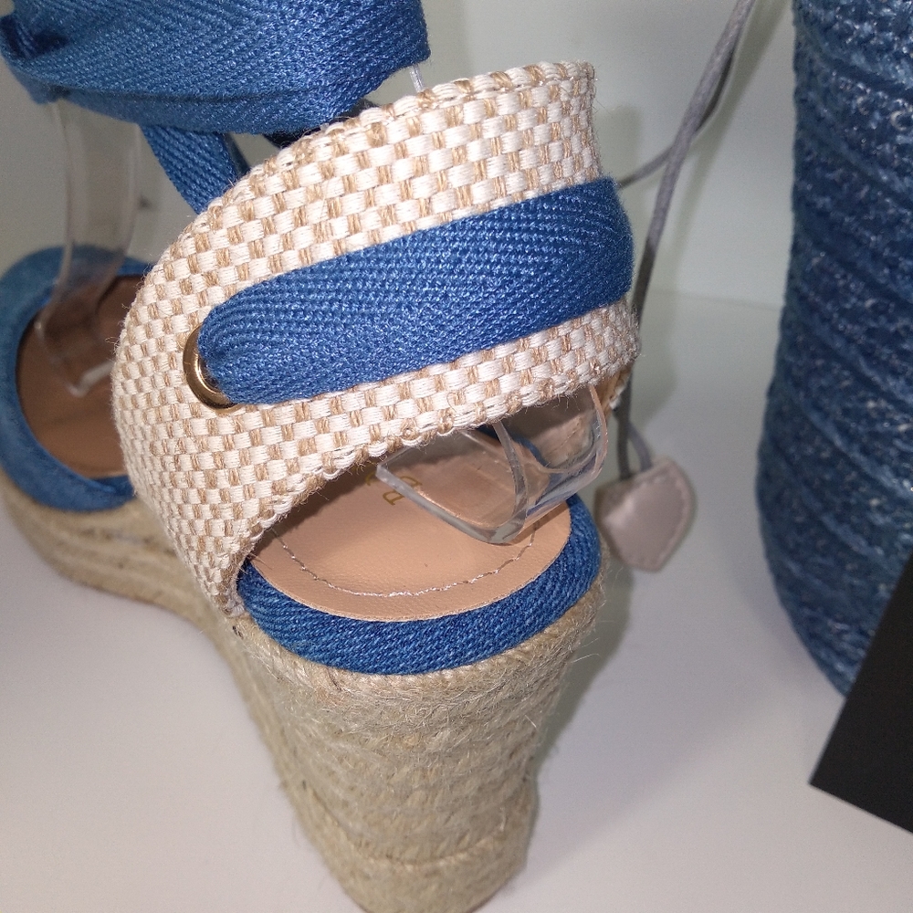 Denim Blue Size 8 Tie Up Espadrille Wedges & Mini Denim Tote Bag Bundle - Picture 7 of 9